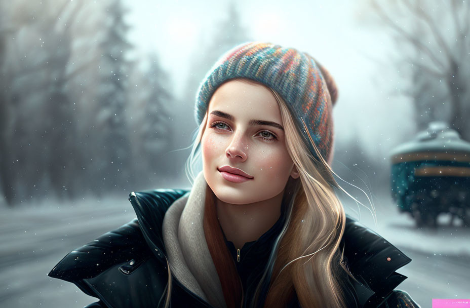 Blonde Woman in Colorful Beanie and Scarf Artwork