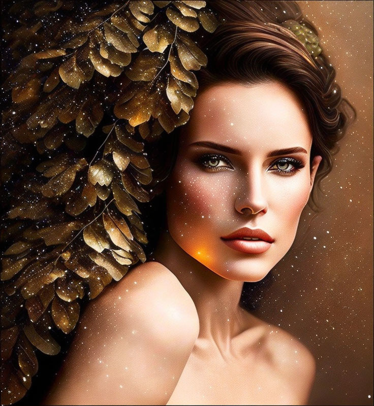 Digital Artwork: Woman with Golden Feathered Wings and Galaxy Effect