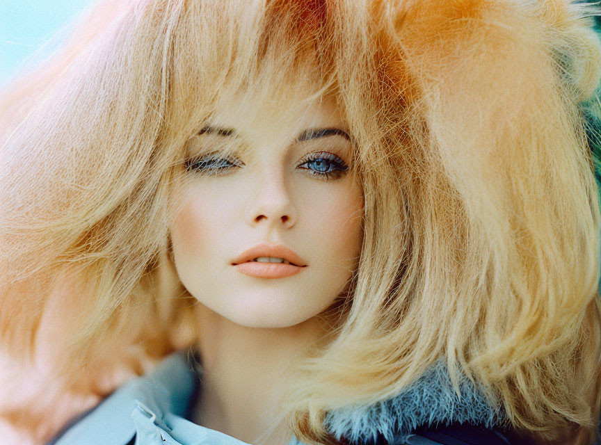 Blonde woman with blue eyes and soft makeup gazes at camera