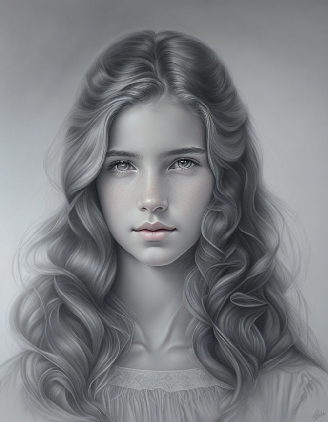 Young girl with wavy hair and freckles in grayscale portrait.