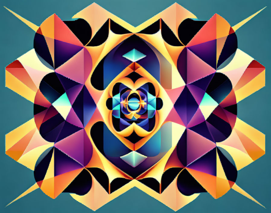 Colorful Symmetrical Digital Kaleidoscope Design with Geometric Shapes