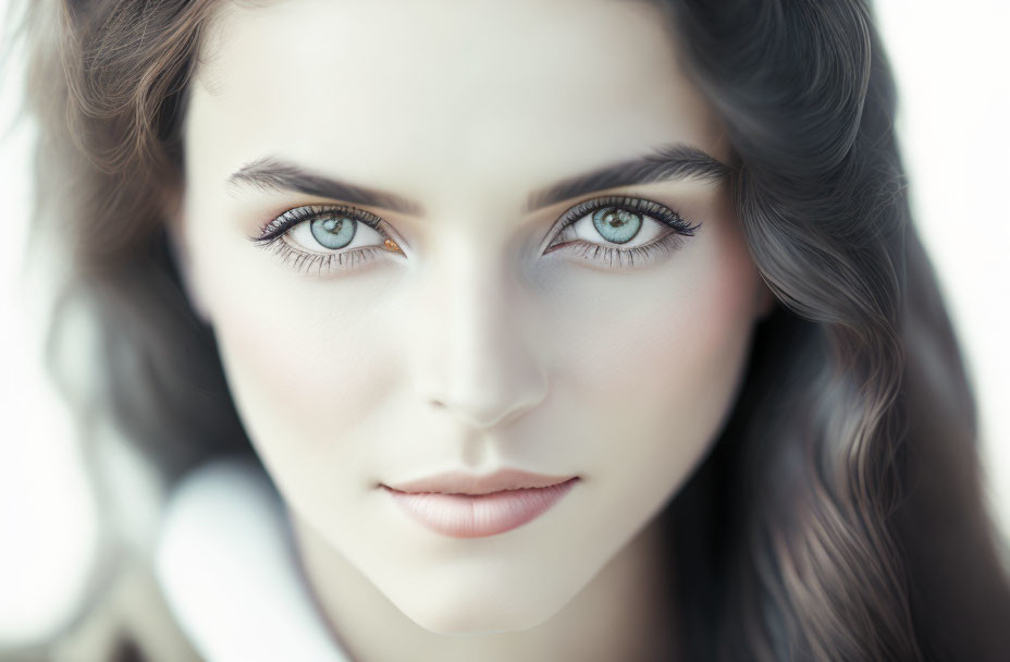 Close-up portrait of woman with blue eyes, arched eyebrows, and wavy hair on light background