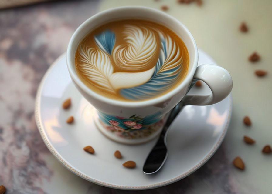 Porcelain cup with latte art, saucer, spoon, and coffee beans.