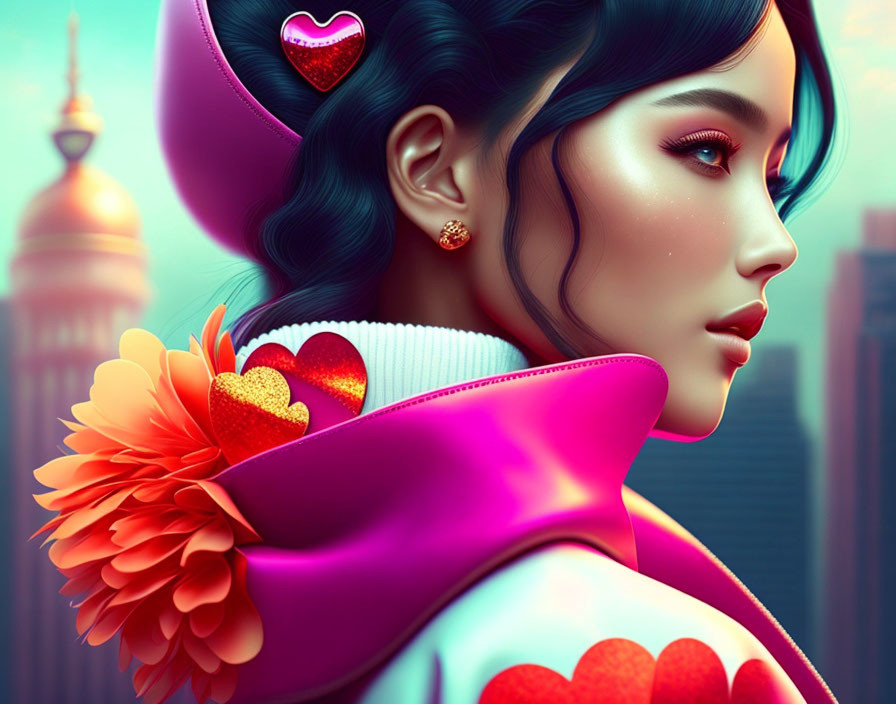 Vibrant futuristic cityscape with woman and heart-shaped accessories