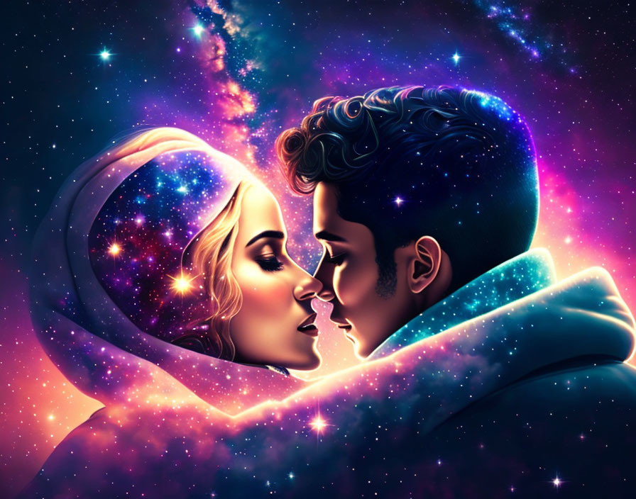 Vibrant cosmic colors highlight a couple in a romantic, celestial theme