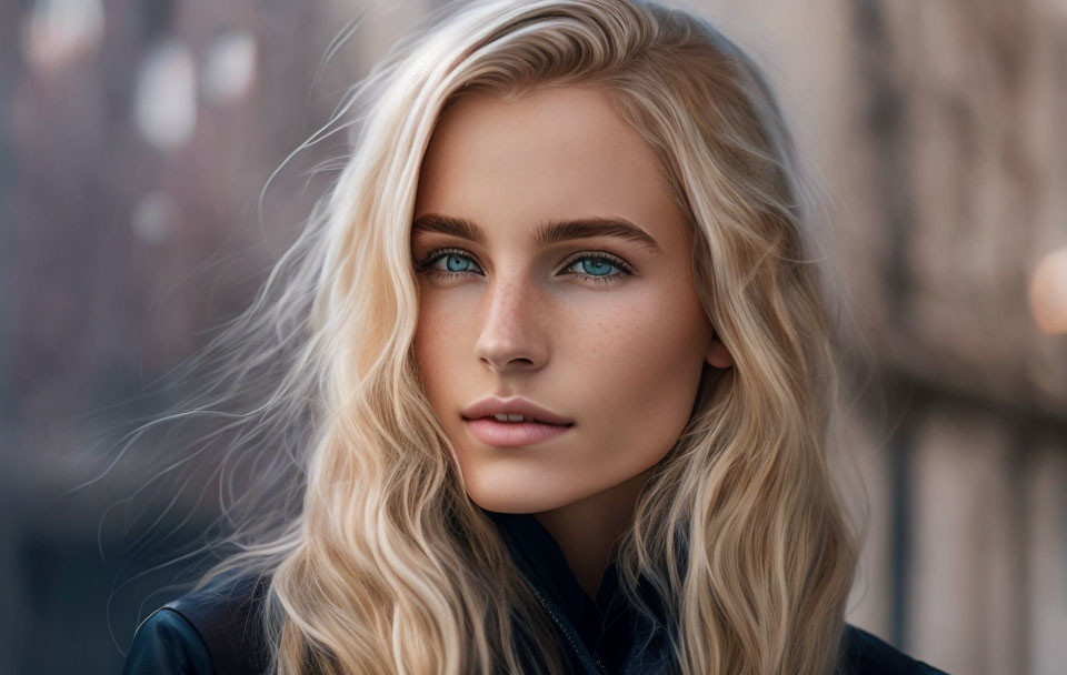 Blonde woman with wavy hair and blue eyes in black top against urban backdrop