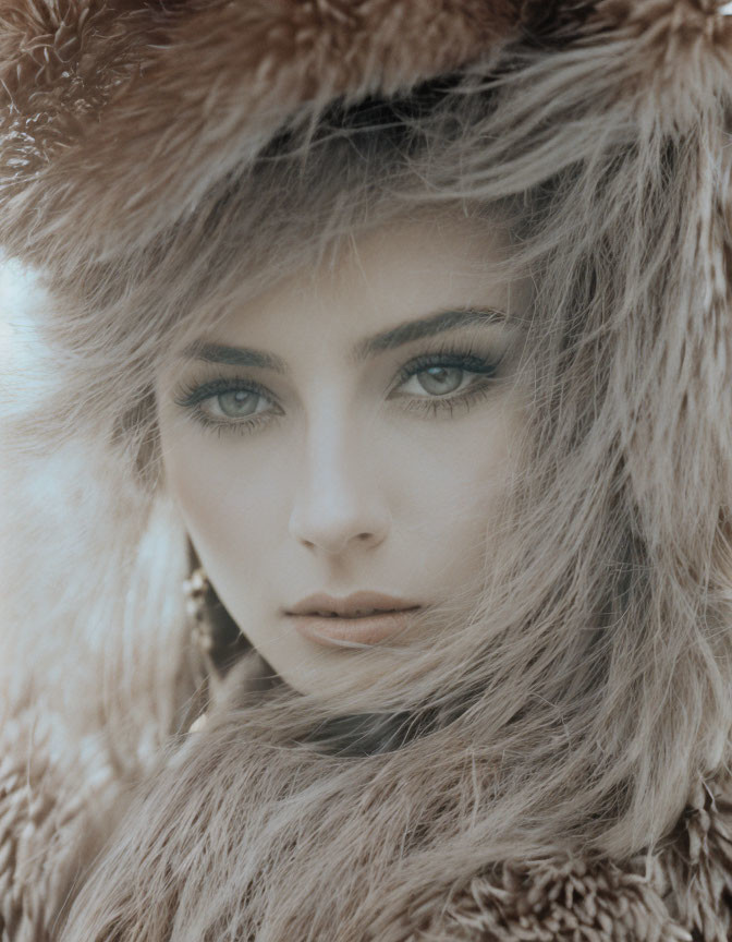 Portrait of person with piercing blue eyes in fluffy brown coat