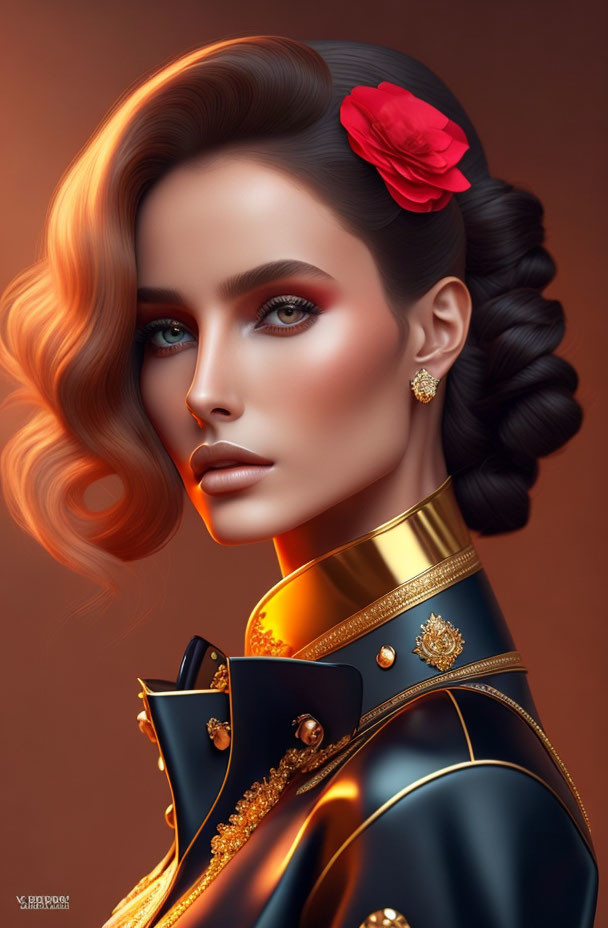 Detailed Illustration of Woman with Voluminous Hair and Striking Makeup