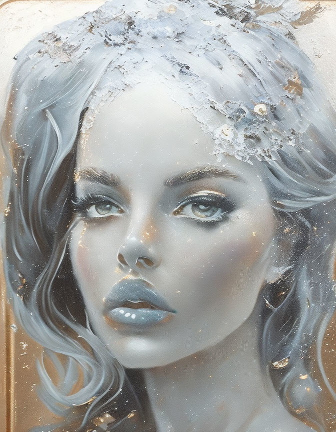 Ethereal portrait of a woman in grayish-blue and gold tones