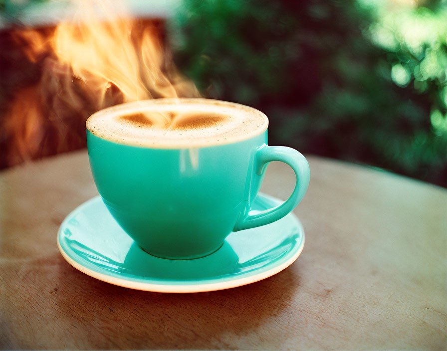 Turquoise Cup Steamy Latte on Saucer with Blurred Green Background