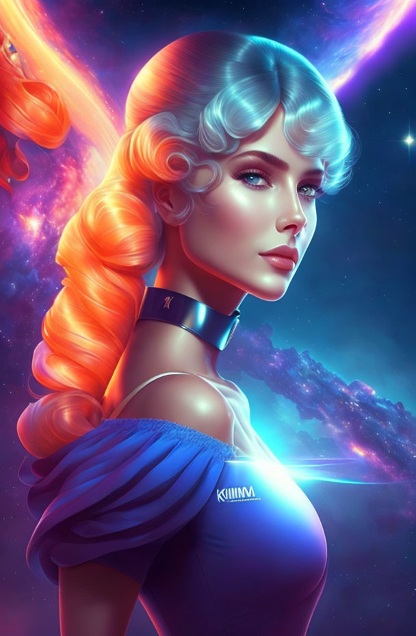 Digital portrait of woman with gradient hair and space-themed background