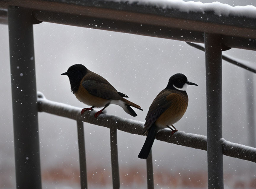 Birds perched on metal railing in snowfall