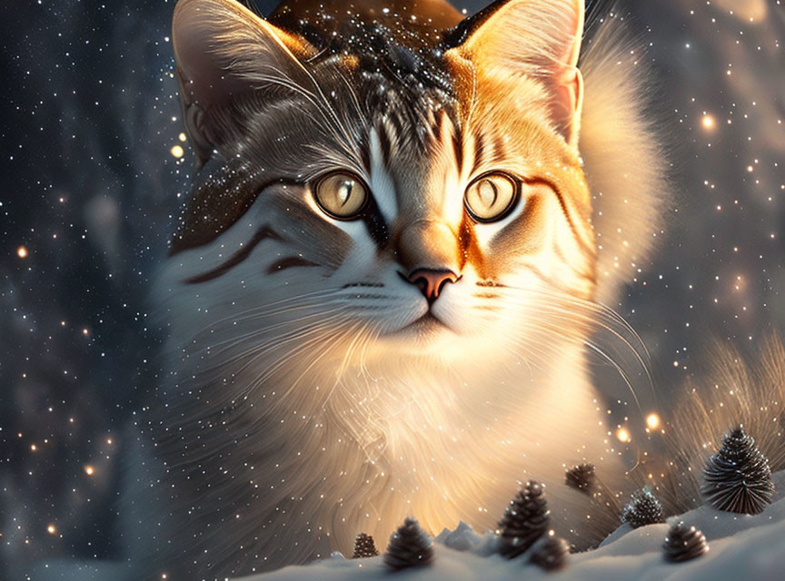 Majestic cat with striking eyes in snowy scene and falling snowflakes