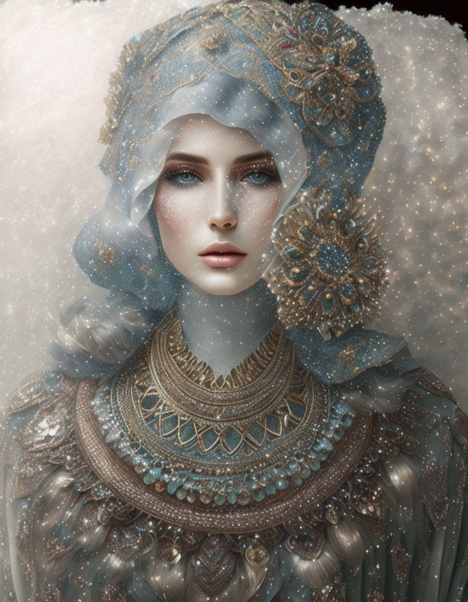 Detailed Illustration of Woman in Jeweled Headdress & Armor on Snowy Background