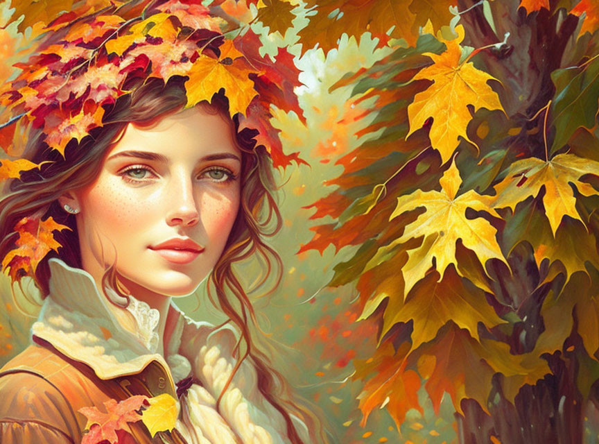 Digital artwork: Woman with autumn leaf wreath in hair, vibrant foliage.