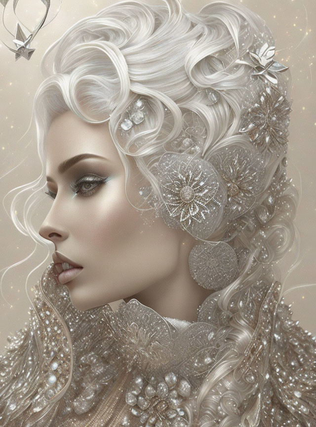 Detailed illustration of woman with platinum blonde hair and floral adornments.