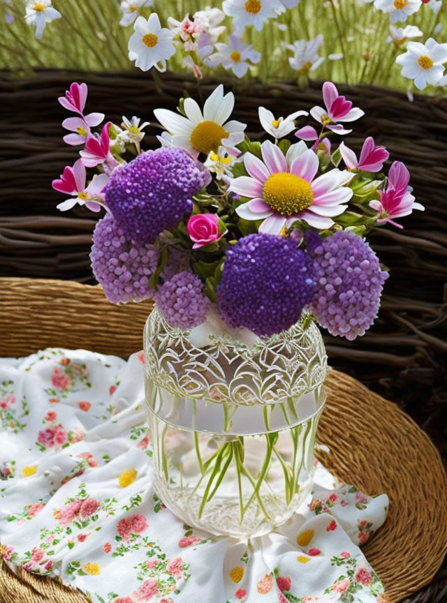 Colorful Floral Arrangement in Lace-Patterned Vase