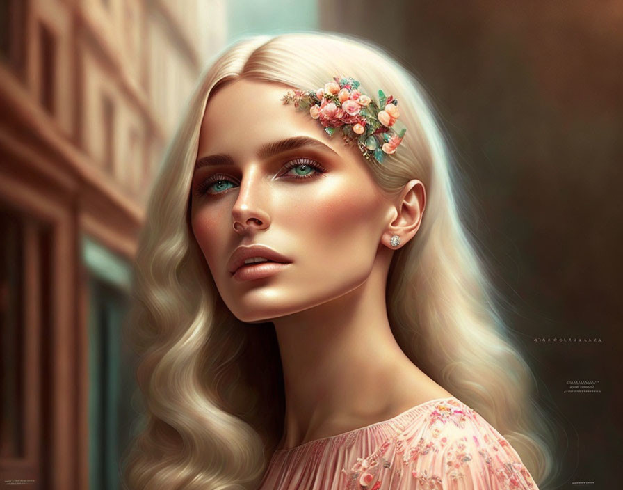 Blonde-haired woman with blue eyes and floral headpiece in urban digital portrait