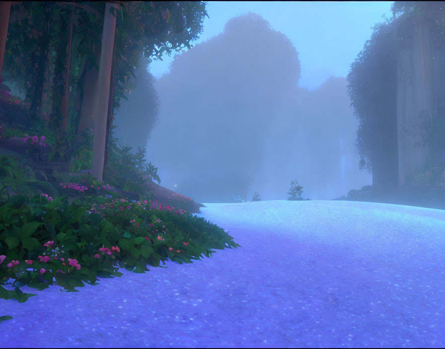 Tranquil landscape with mist, green trees, pink flowers, and blue pathway