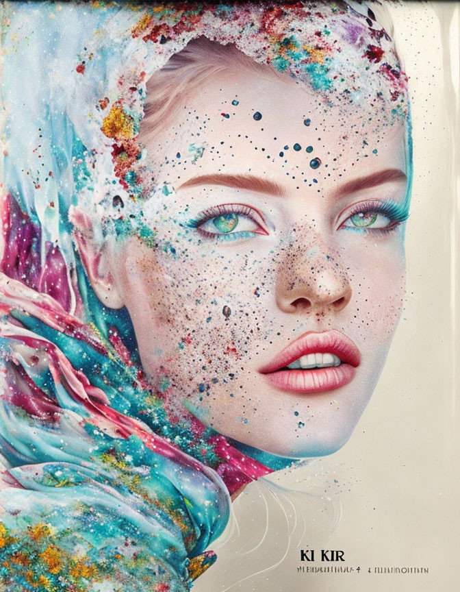 Vibrant paint splashes blend into woman's portrait