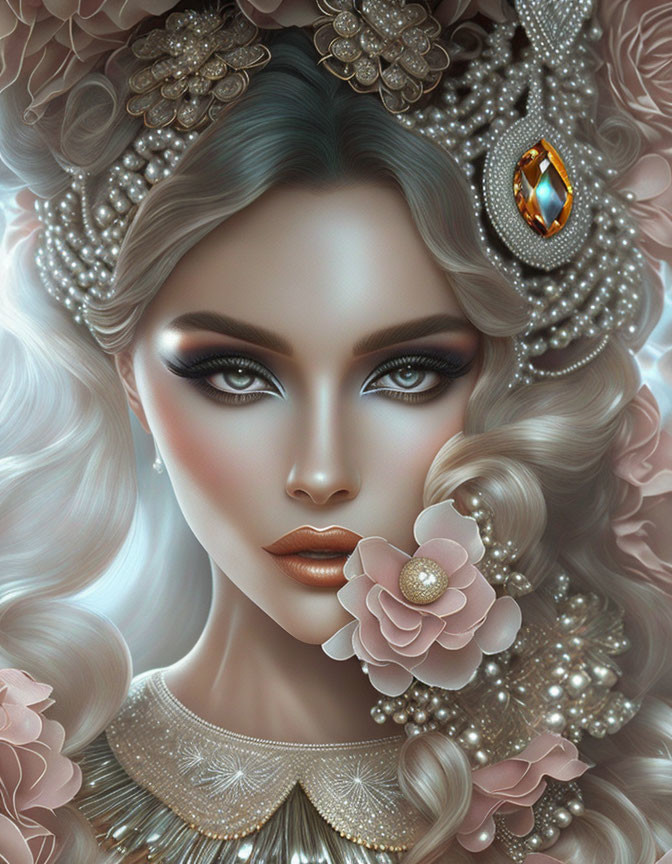 Detailed portrait of woman with wavy hair, flowers, jewelry, and serene expression