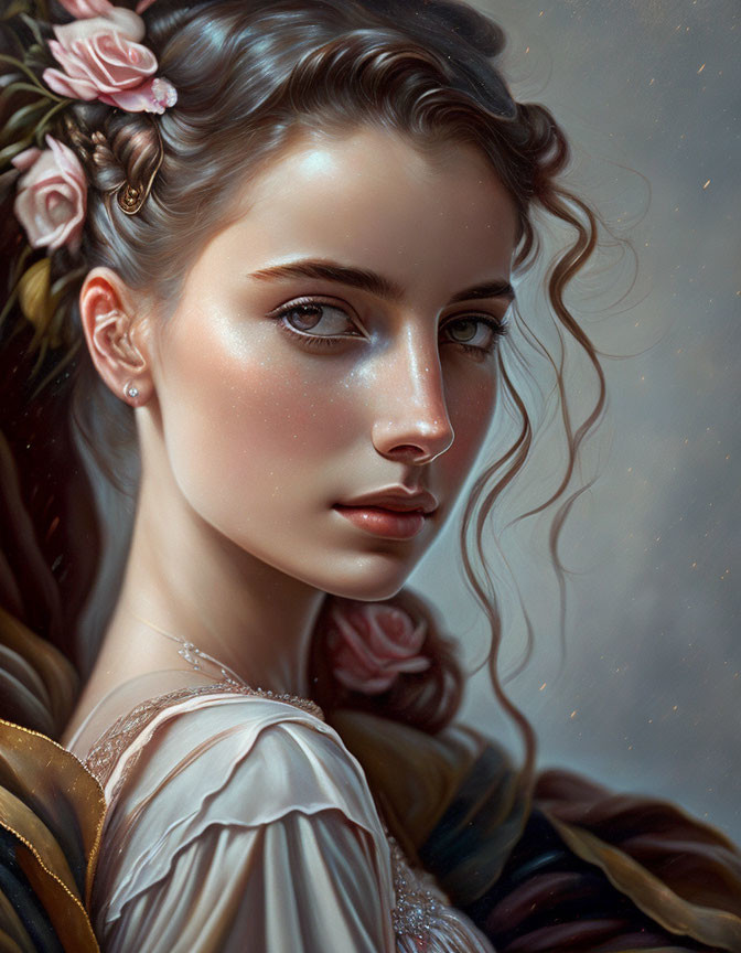 Digital portrait of woman with braided hair, pink flowers, bright eyes, golden-trimmed garment