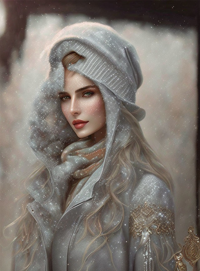 Digital portrait of woman in wintry outfit with hood and beanie in soft snowfall