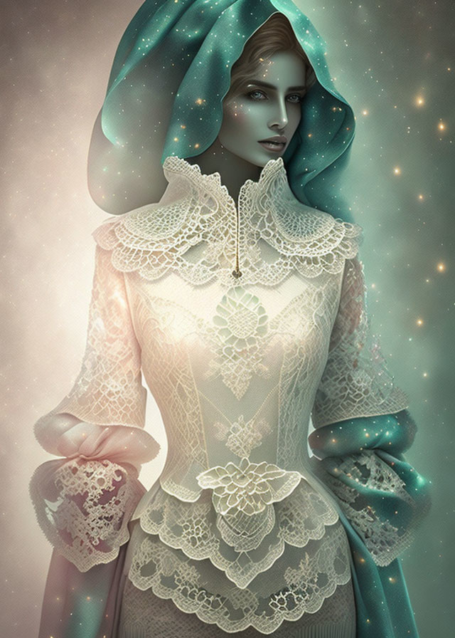 Illustrated mystical woman in Victorian lace dress with glowing aura.