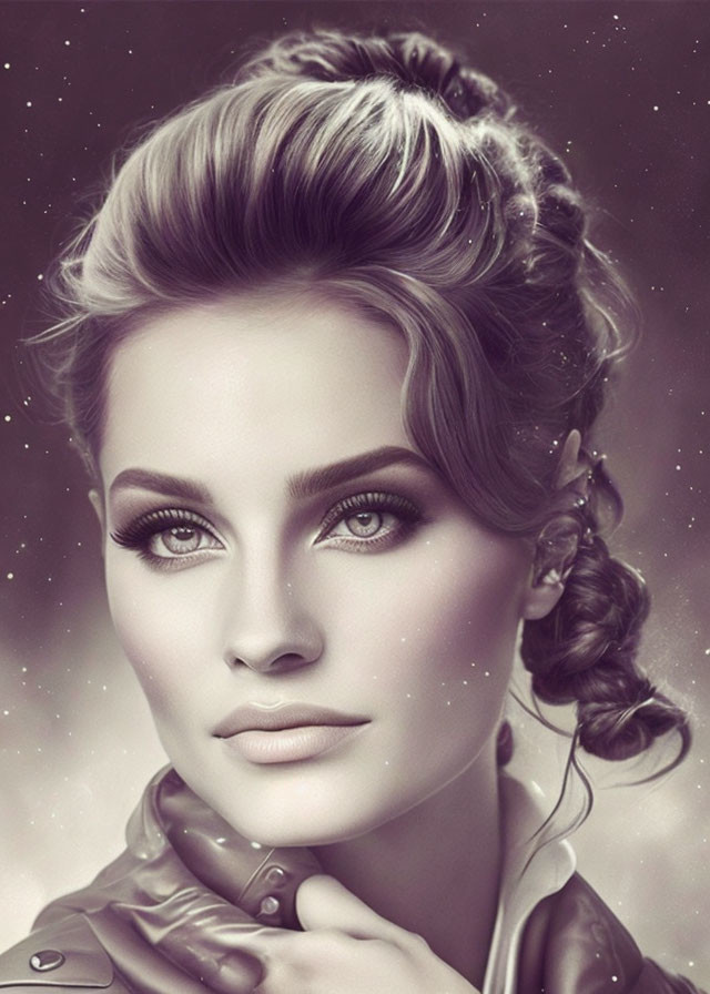 Monochrome digital portrait of a woman with elegant updo hairstyle and cosmic backdrop