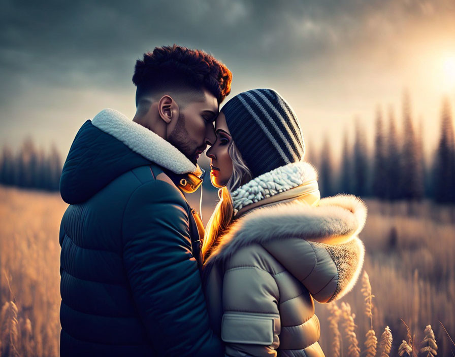 Couple Embracing in Winter Field at Sunset