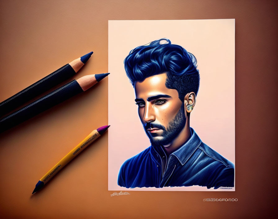 Realistic colored pencil drawing of man with pompadour and stubble, with pencils on brown surface