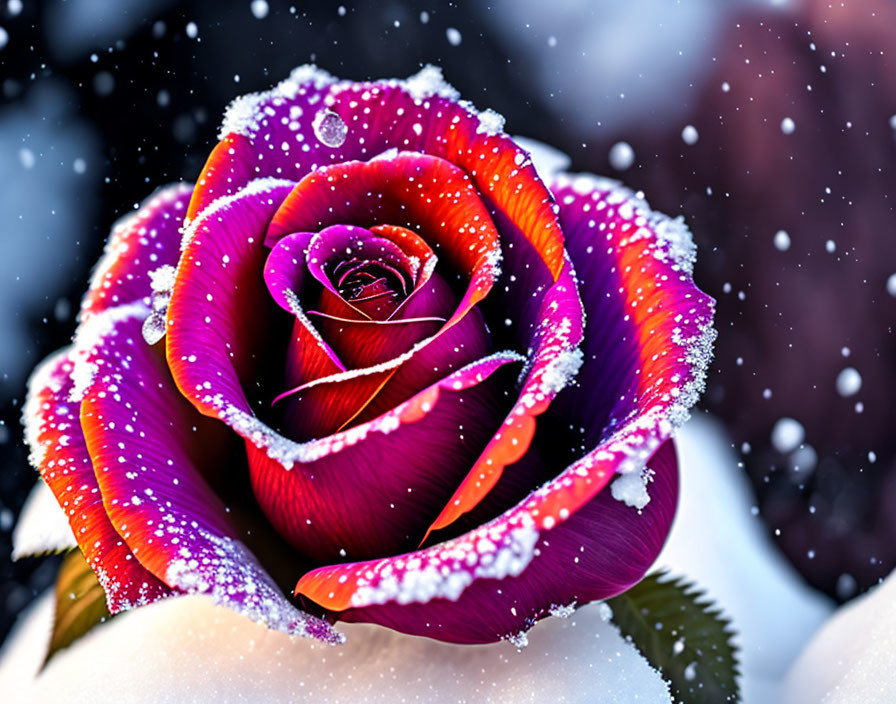 Vibrant purple and red rose with snowflakes on blurred snowy backdrop