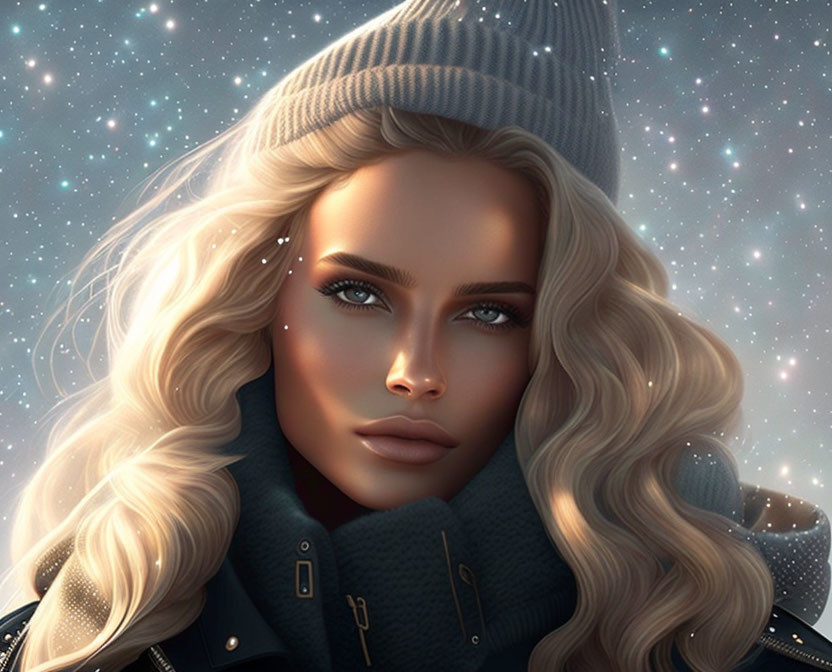 Blonde woman in winter attire against starry backdrop