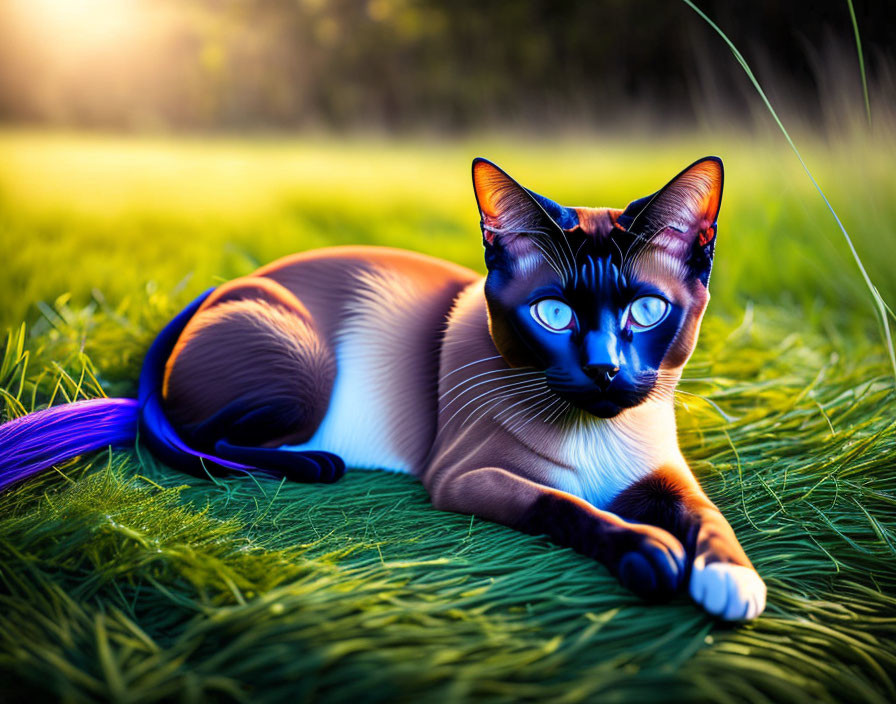 Siamese cat lying on a blue grass