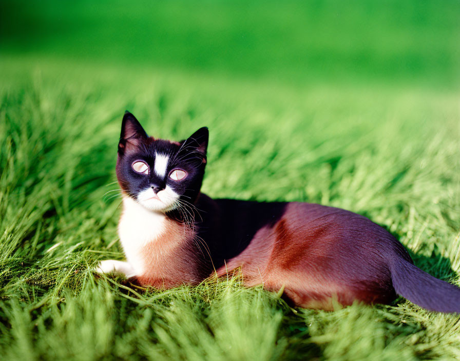 Black and white cat with striking eyes on vibrant green grass under sunlight