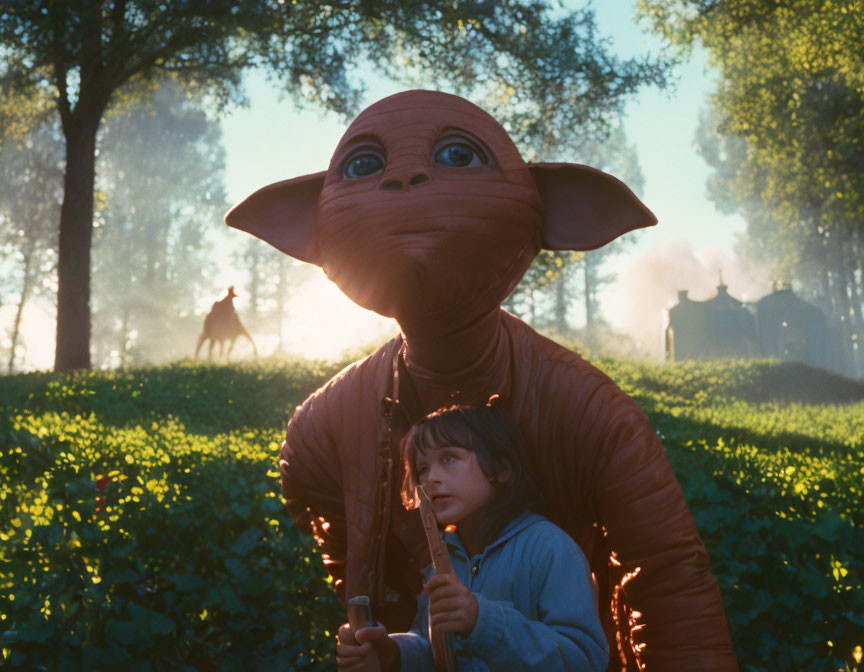 Child with flower next to life-sized E.T. figure in misty field