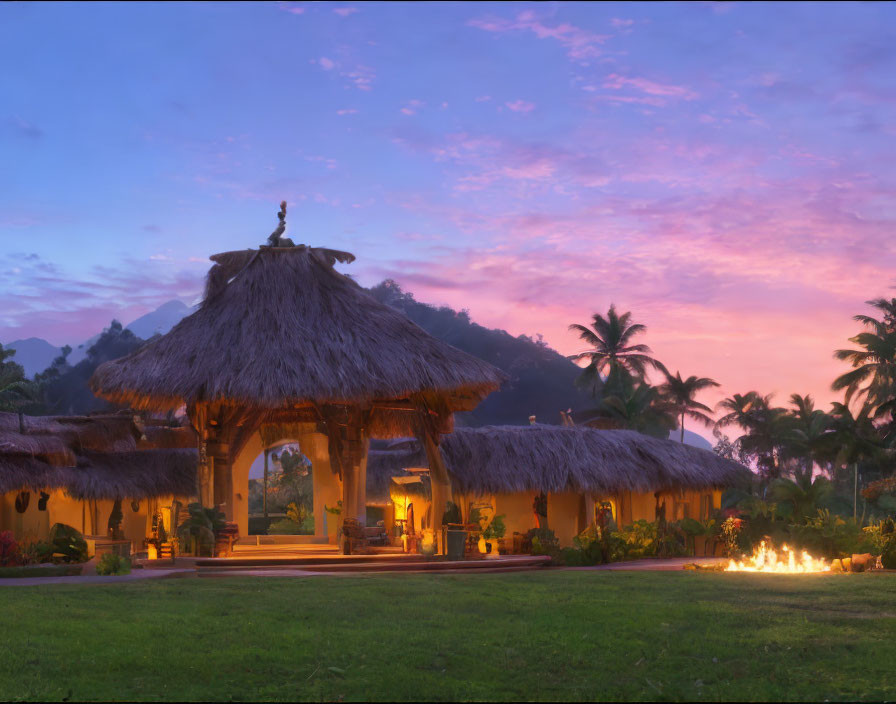 Tropical resort with illuminated pavilion at dusk