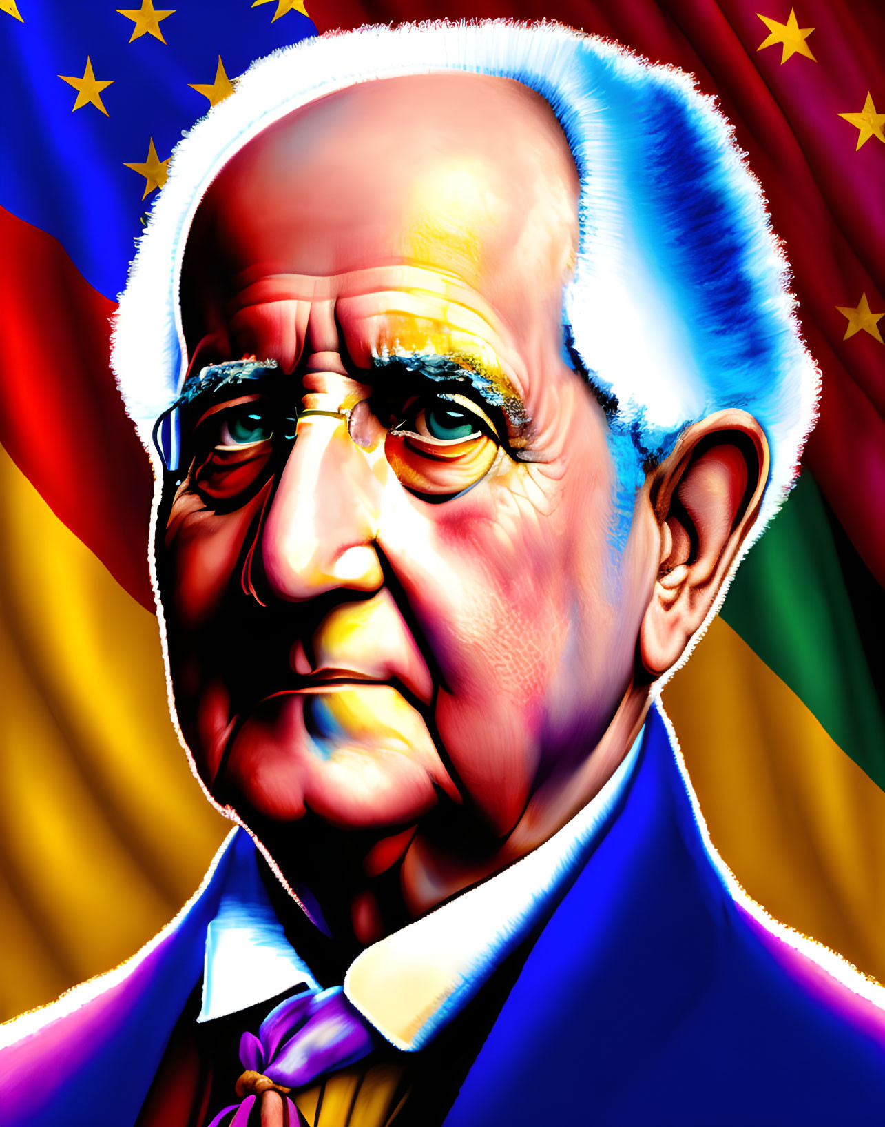 Vibrant digital portrait of elderly man against rainbow background