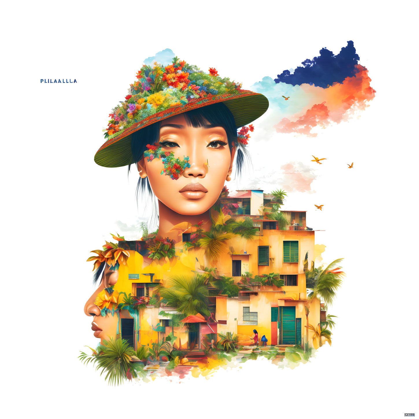 Vibrant digital artwork: woman with flower hat blending into tropical scene