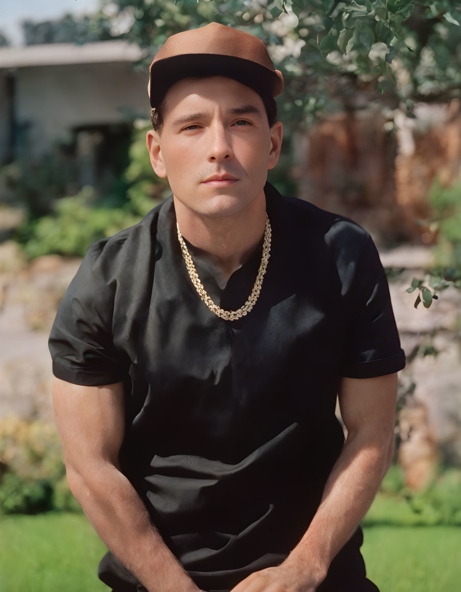 Man in Black T-Shirt and Brown Beret Poses Outdoors