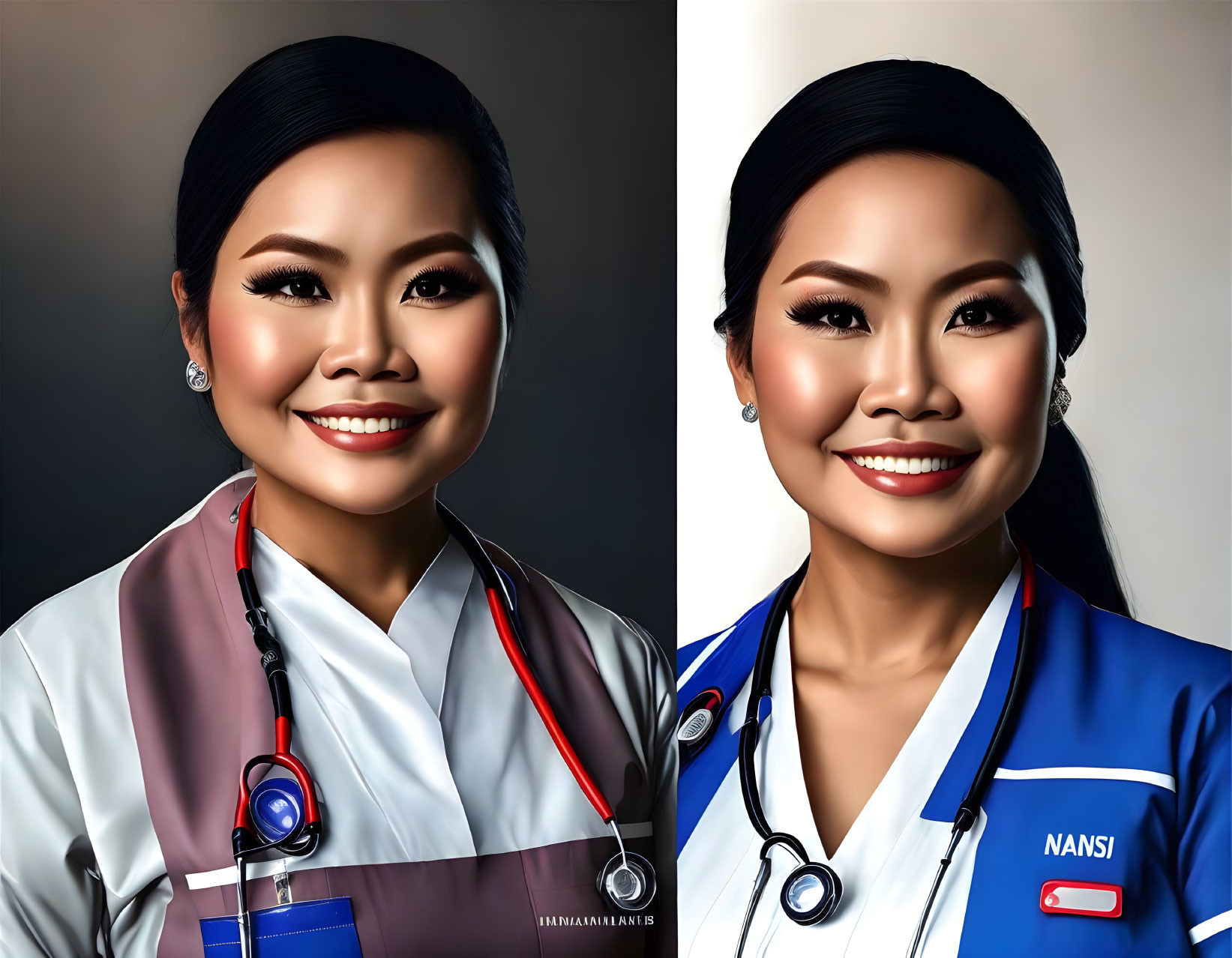 Woman in medical attire: realistic photo vs. stylized digital painting