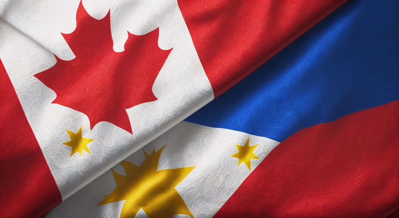 Flags of Canada and Philippines overlapped: Canadian flag with red maple leaf above, Philippines flag with blue