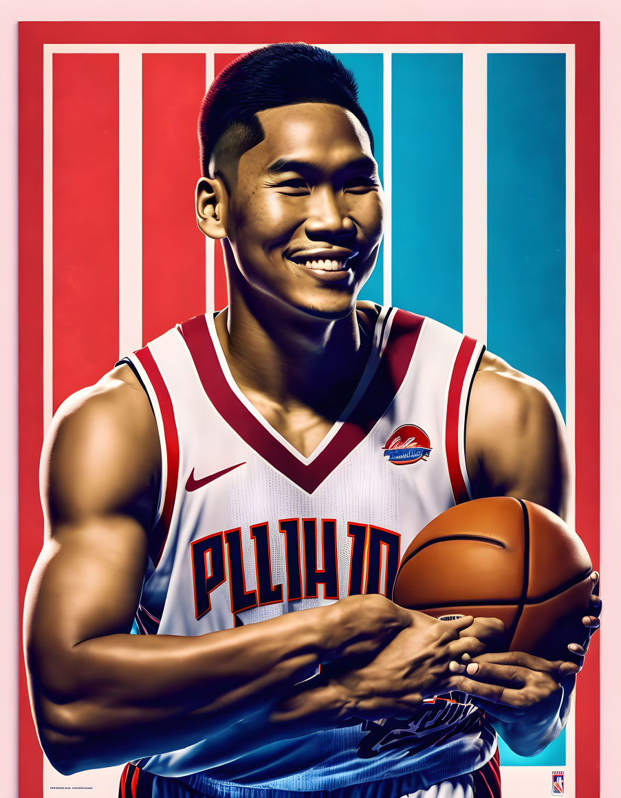 Smiling basketball player in Pilipinas jersey on striped background