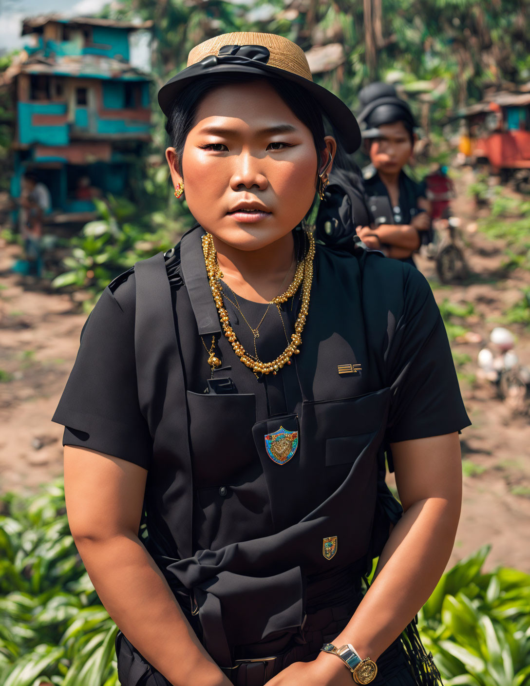 Confident person in black shirt and hat with gold jewelry, two people in background