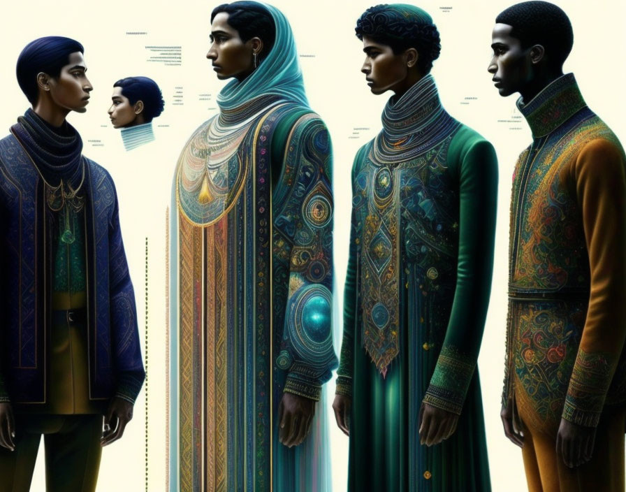 Four male figures in profile wearing ornate, futuristic clothing in vibrant colors.