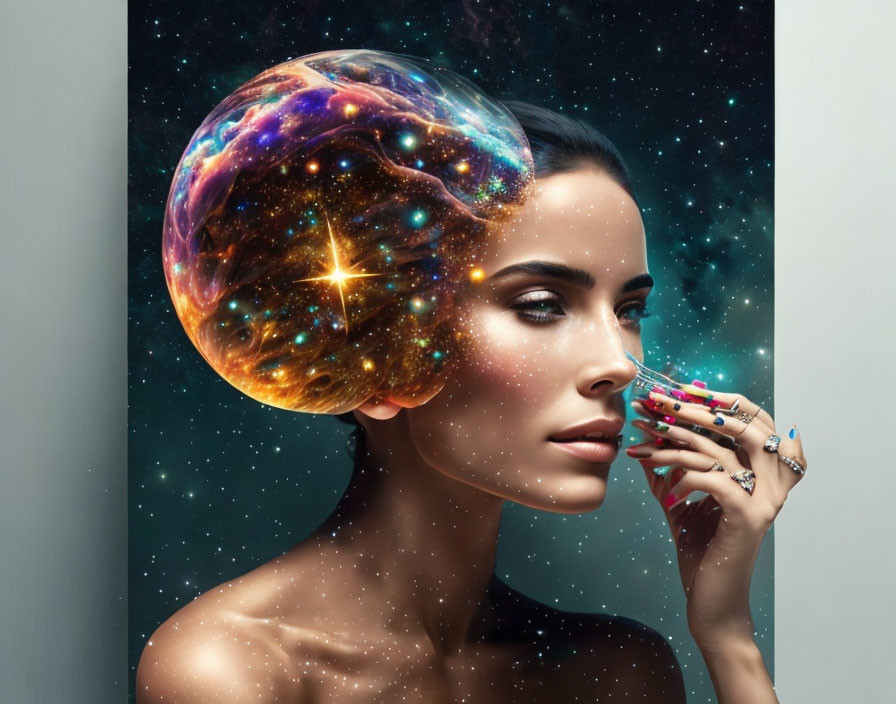 Woman with cosmic galaxy brain against starry background