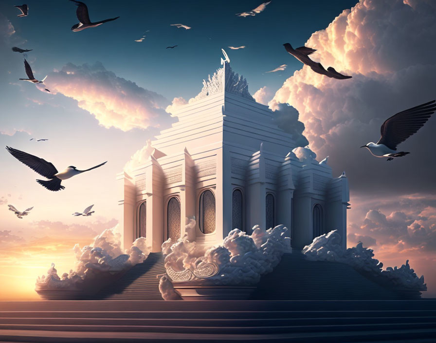 Classical temple in clouds at sunset with flying birds