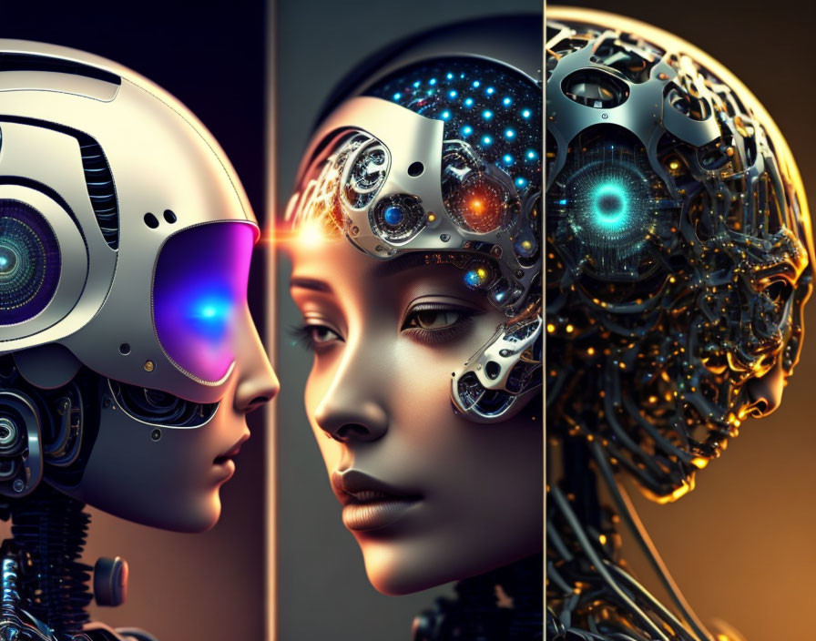 Highly detailed human-like robots with intricate head designs in front and profile view showcasing advanced cybernetic