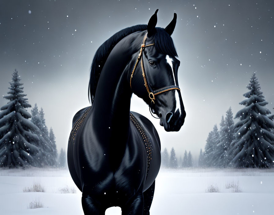 Majestic black horse in snowy forest twilight