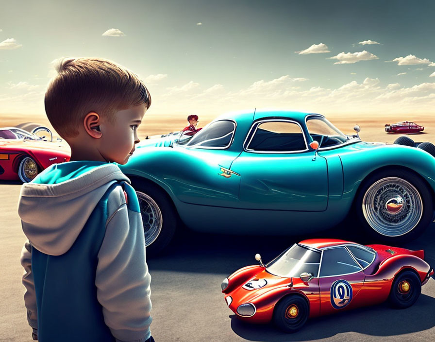 Boy admires vintage racing cars under dramatic sky